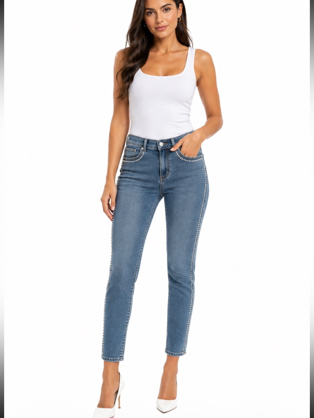 EXPRESS Blue Rhinestone Seam High Rise Raw Hem Ankle Jeans SZ 0 NWOT
